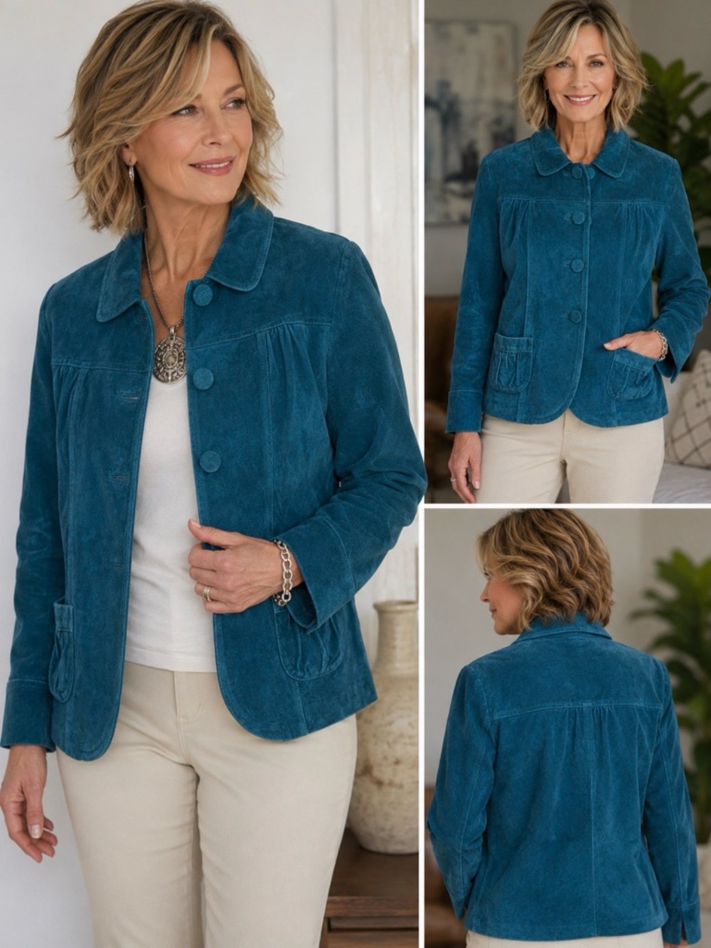 Chico’s Genuine Leather Suede Jacket Women’s Size 3 Teal Blue